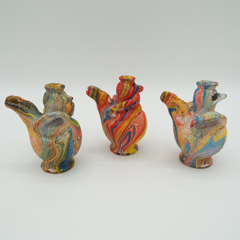 Multicolor Marbled Chicken Rooster Clay Whistle Figurines Folk Art Set of 3